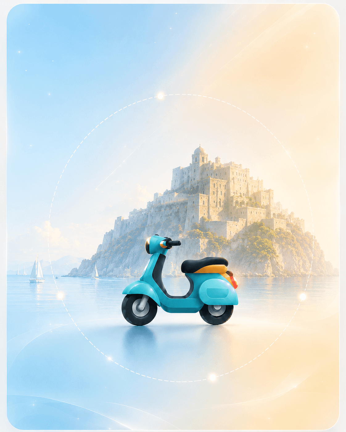 IschiaMotion scooter in front of Castello Aragonese
